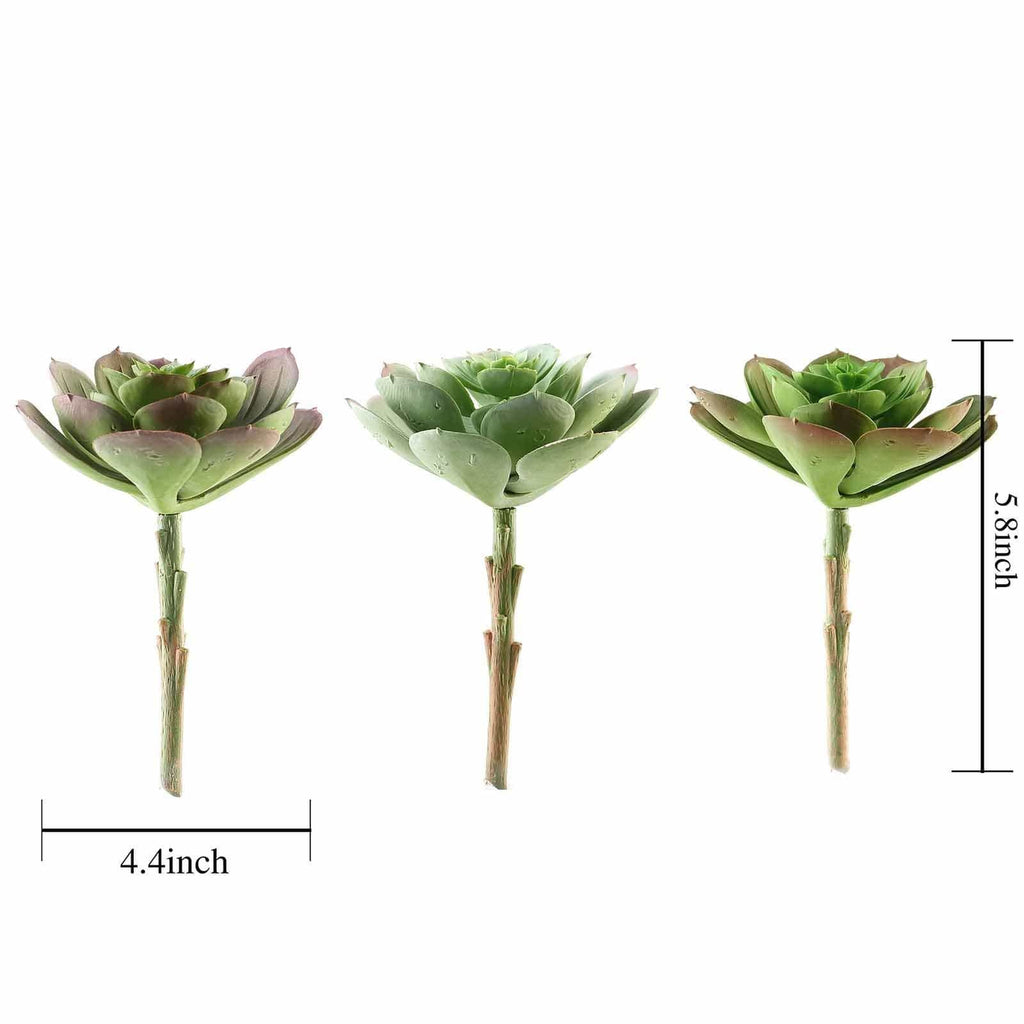 3 pcs 6" Assorted Green Artificial Succulent Echeveria Rosettes Picks Stems