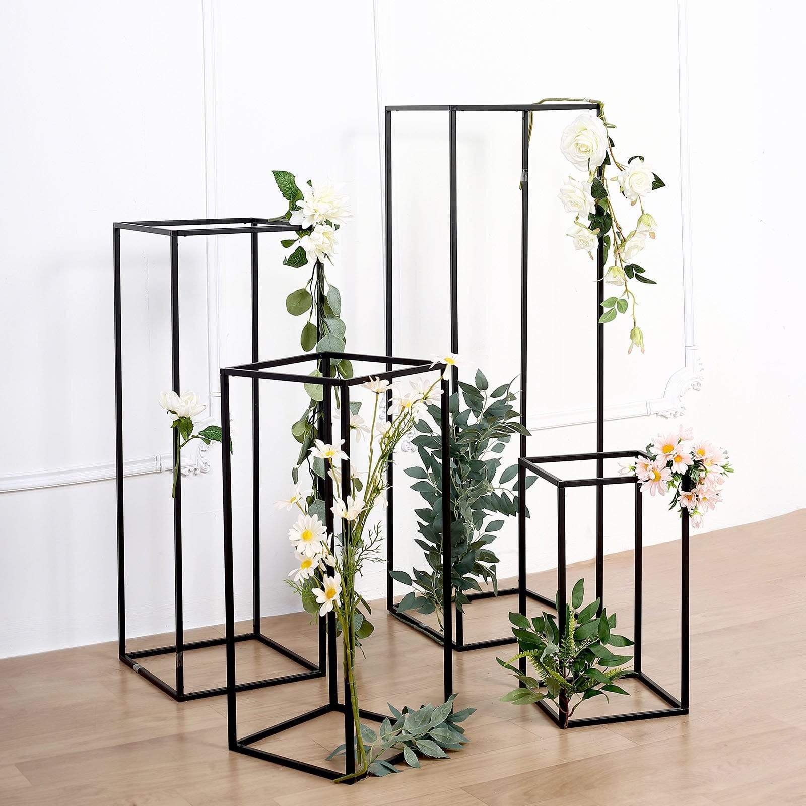 4 Black Matte Metal Geometric Rectangular Stands Flower Vase Holders