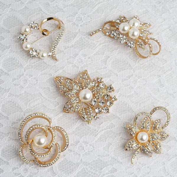 5 Gold Hearts and Flowers Rhinestones Assorted Pins Brooches