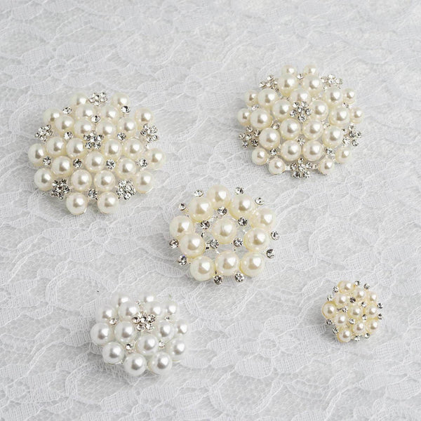 5 White and Ivory Flower Pearls and Rhinestones Pins Brooches