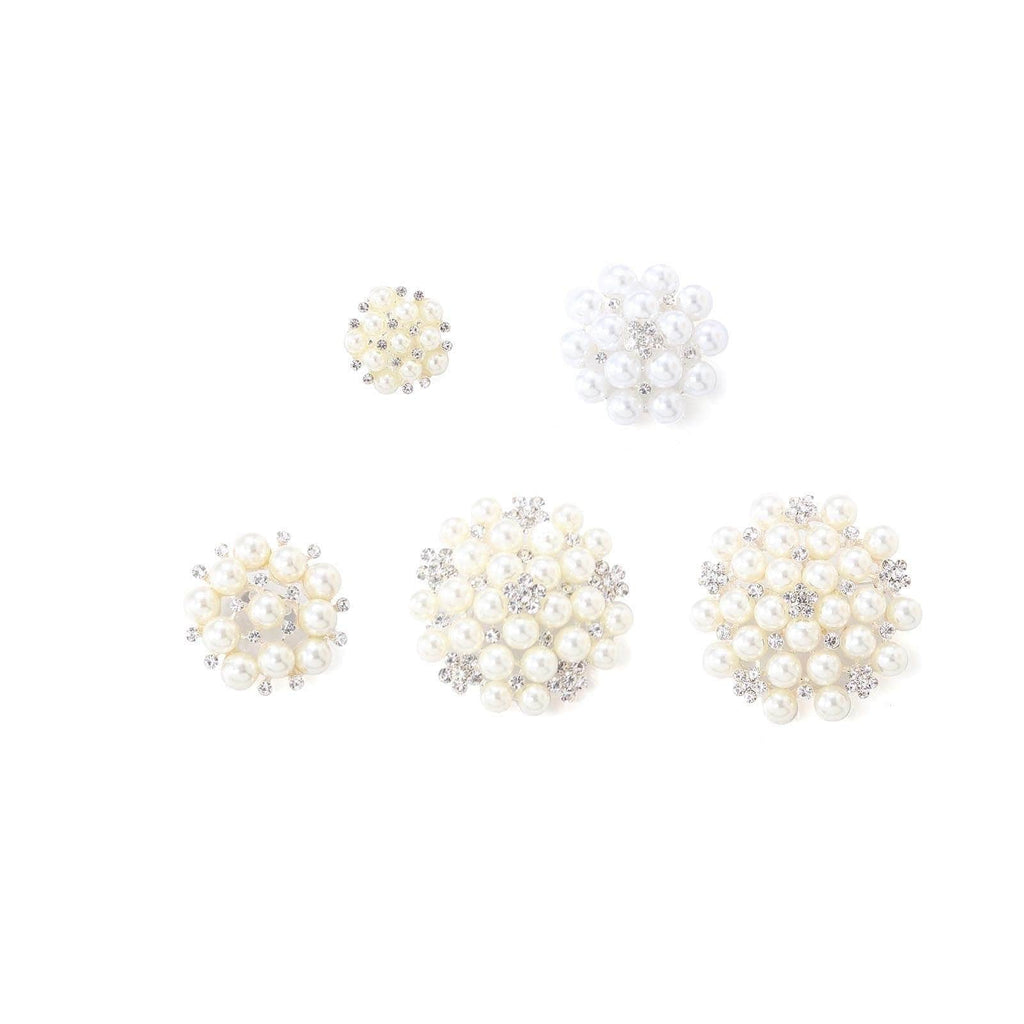 5 White and Ivory Flower Pearls and Rhinestones Pins Brooches
