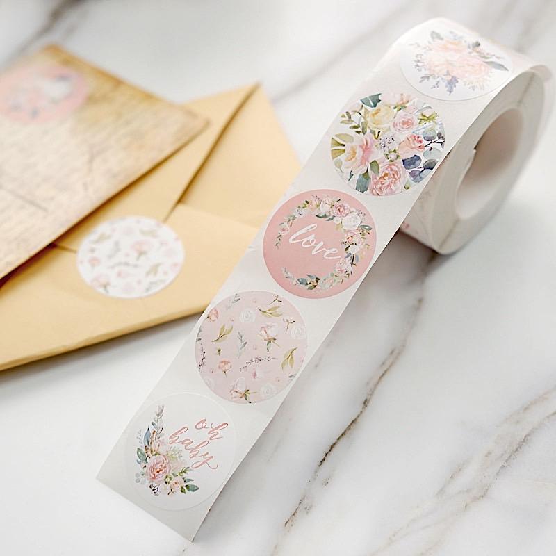 500 Assorted Round Floral Baby Shower Stickers Roll