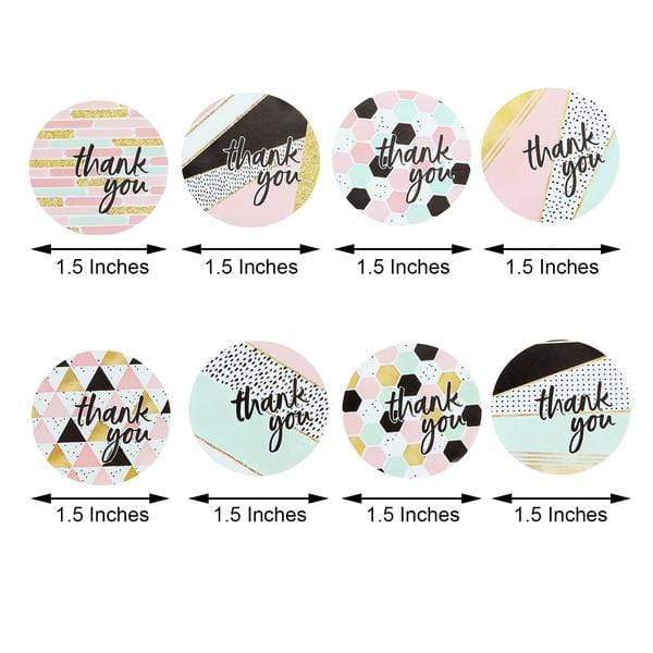 500 Assorted Thank You 1.5 in Round Stickers Roll with Geometric Designs