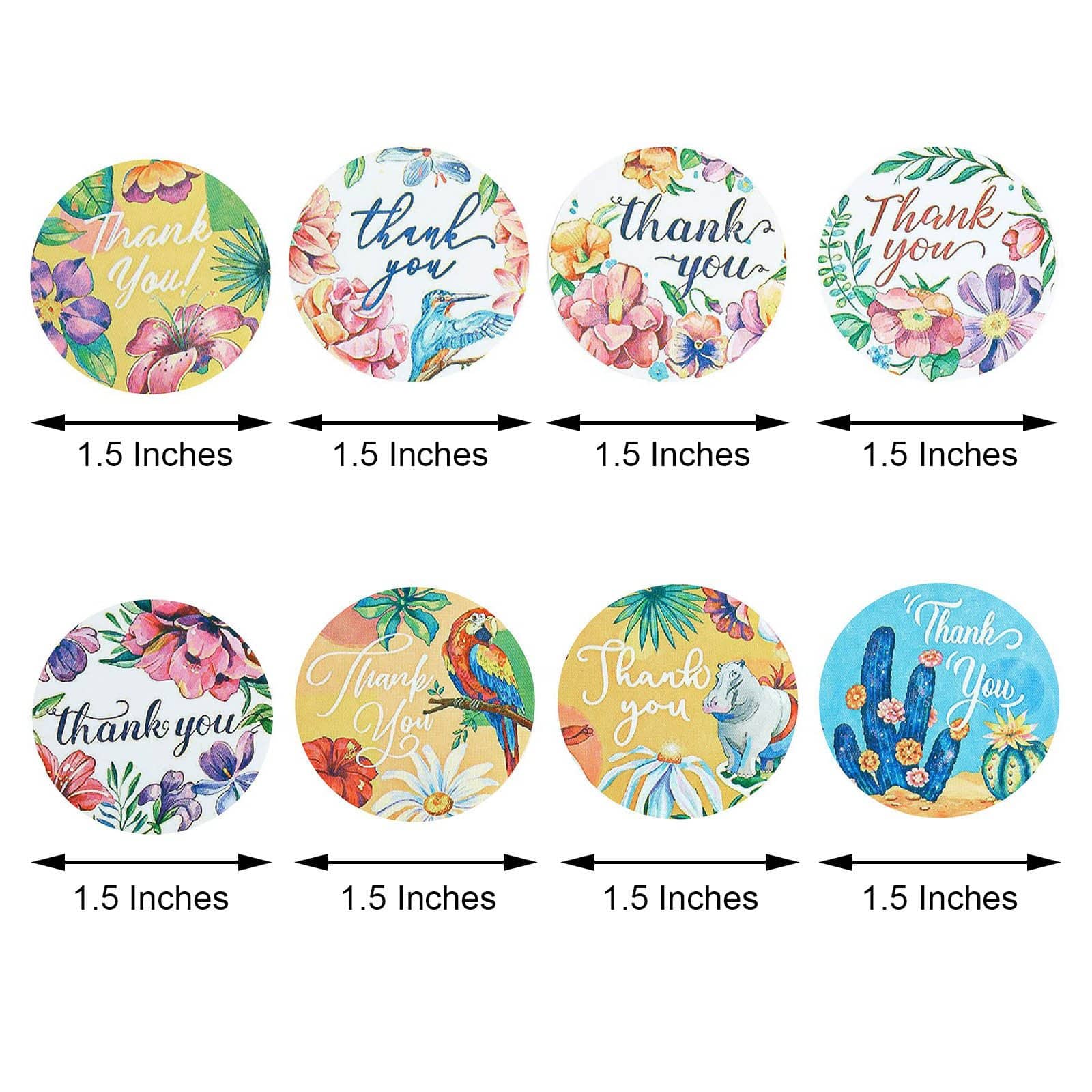 500 Assorted Thank You 1.5 in Round Tropical Floral Stickers Roll