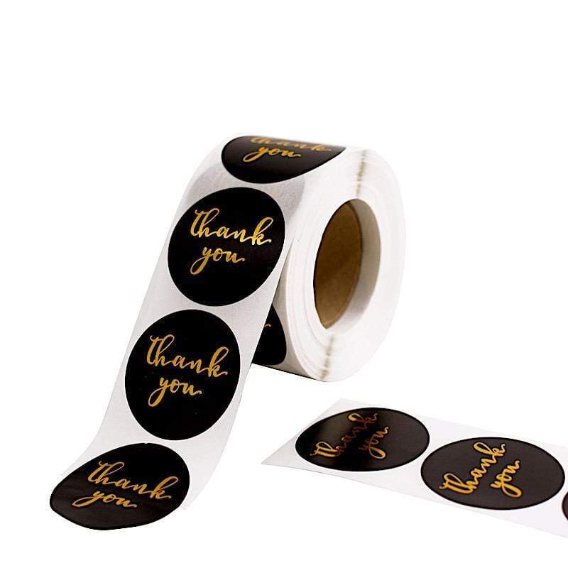 500 Black with Gold Thank You 1.5 in Round Stickers Roll