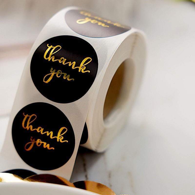 500 Black with Gold Thank You 1.5 in Round Stickers Roll