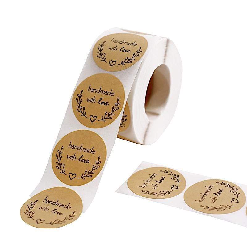500 Natural and Black Handmade with Love 1.5 in Round Stickers Roll