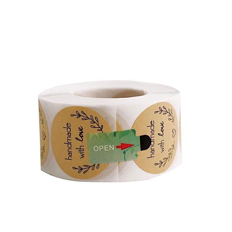 500 Natural and Black Handmade with Love 1.5 in Round Stickers Roll