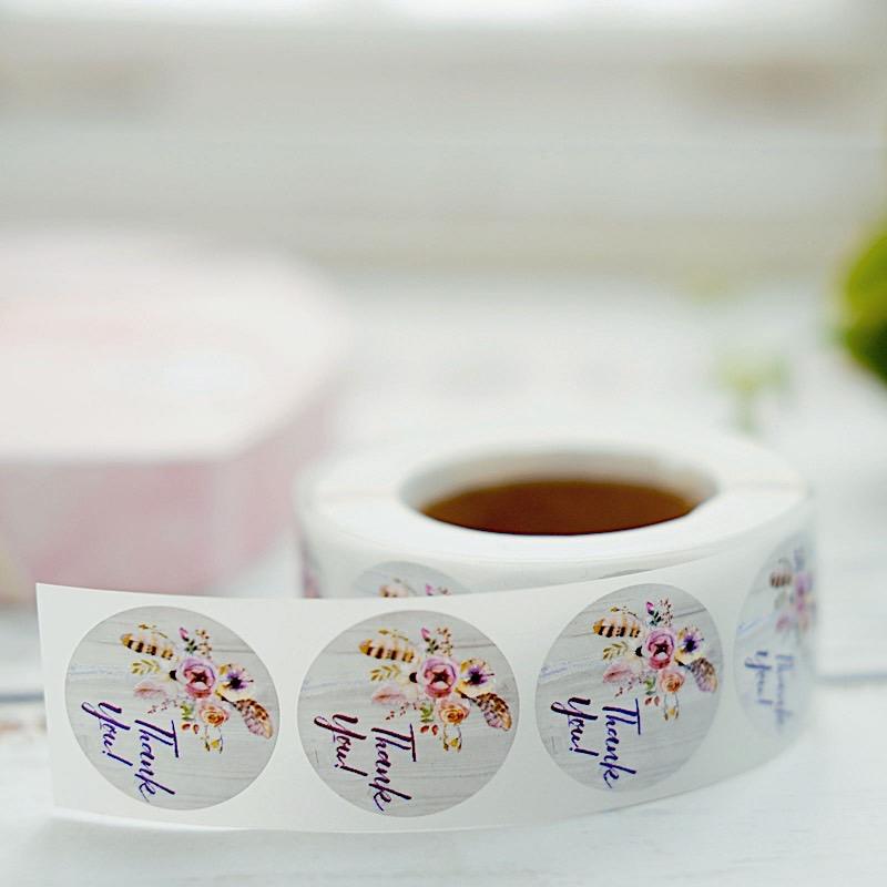 500 Purple Thank You 1 in Round Floral Stickers Roll
