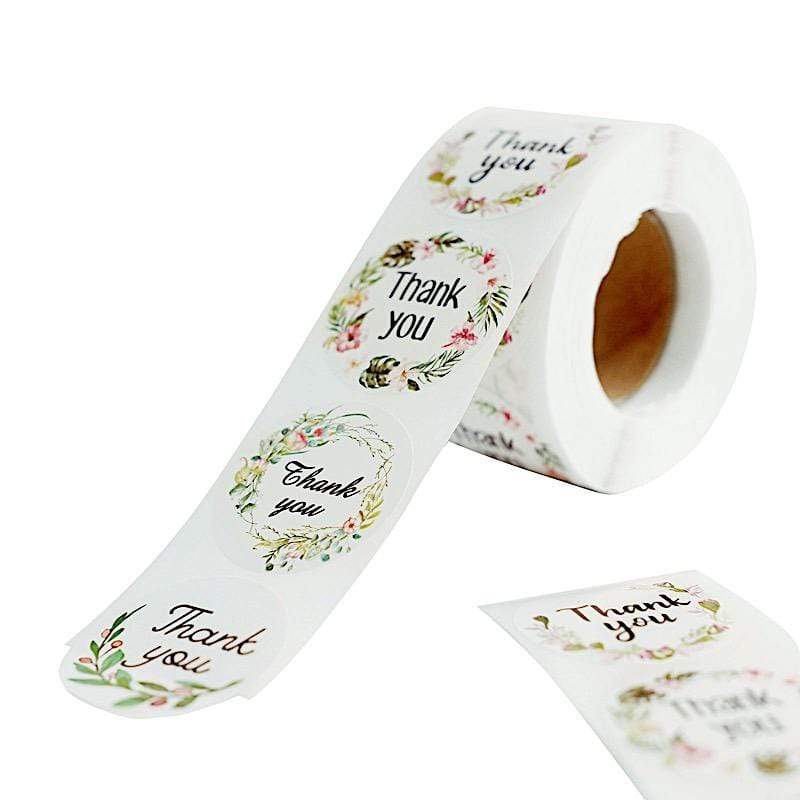 500 White with Black Thank You 1.5 in Round Floral Stickers Roll