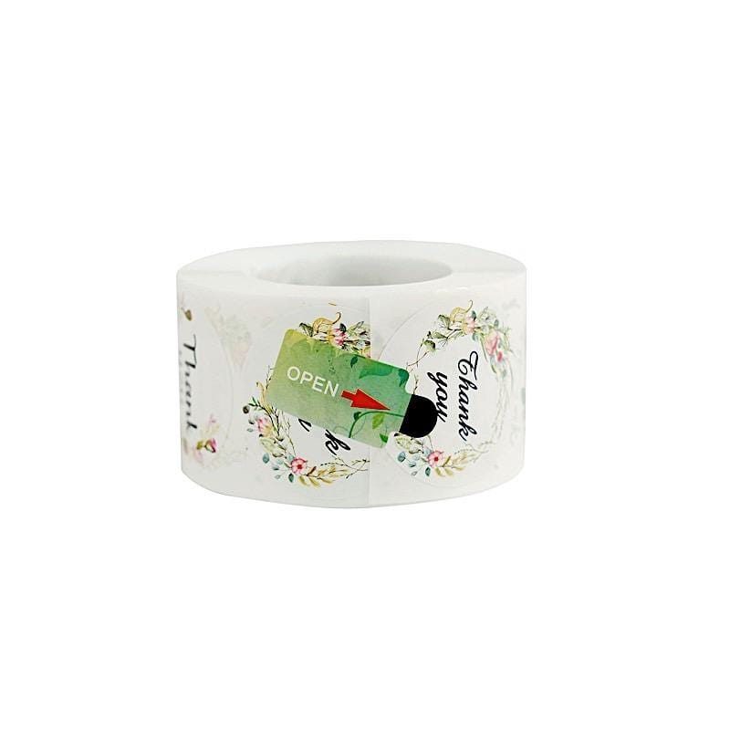 500 White with Black Thank You 1.5 in Round Floral Stickers Roll
