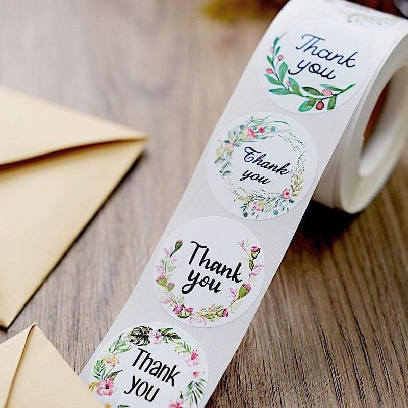 500 White with Black Thank You 1.5 in Round Floral Stickers Roll ...