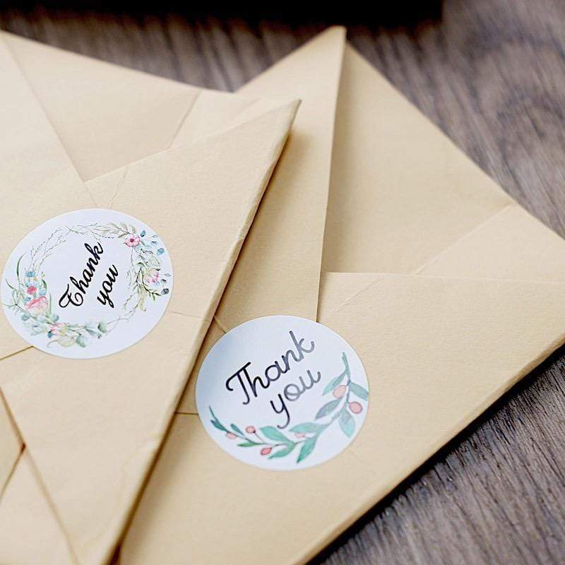 500 White with Black Thank You 1.5 in Round Floral Stickers Roll