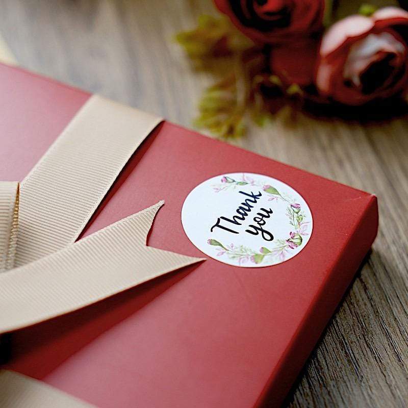500 White with Black Thank You 1.5 in Round Floral Stickers Roll