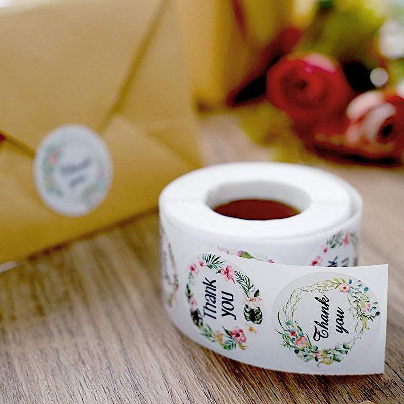 500 White with Black Thank You 1.5 in Round Floral Stickers Roll
