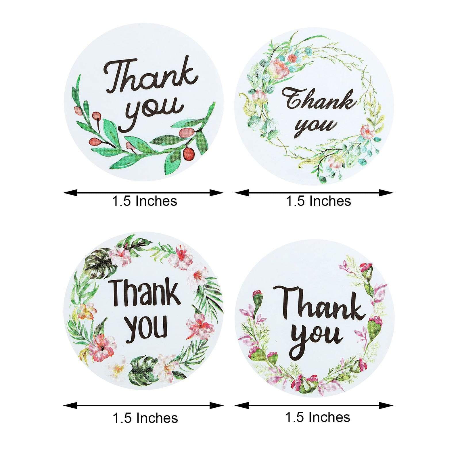 500 White with Black Thank You 1.5 in Round Floral Stickers Roll