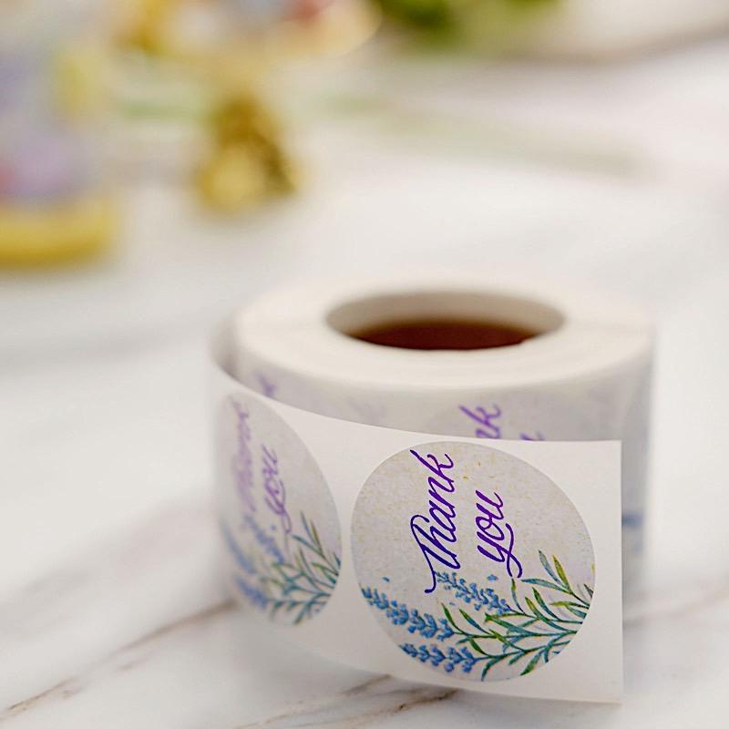 500 White with Purple Thank You 1.5 in Round Floral Stickers Roll