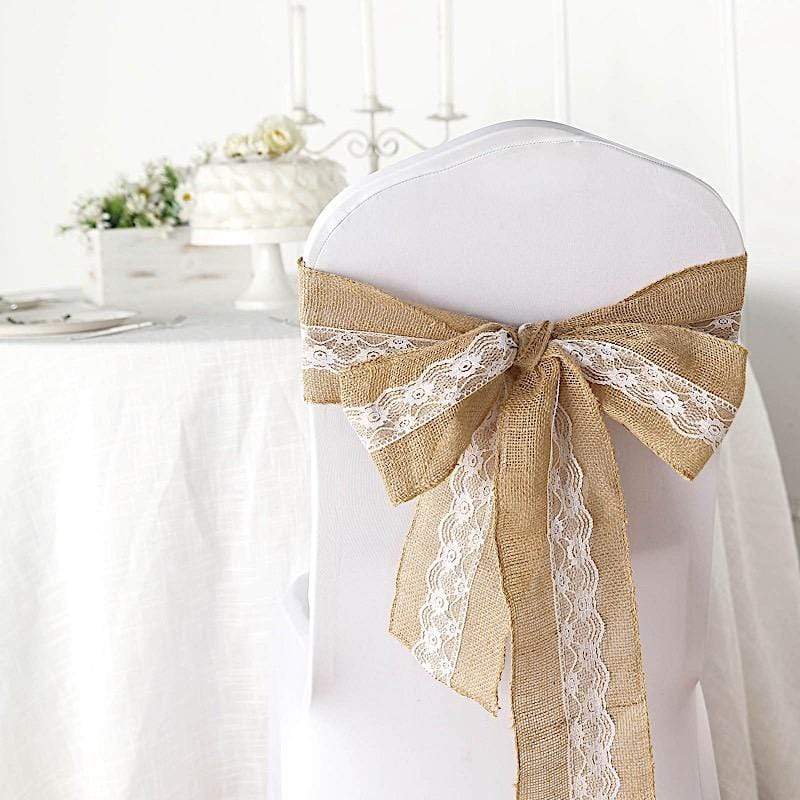 5x108 in Natural Burlap Chair Sash with White Floral Lace