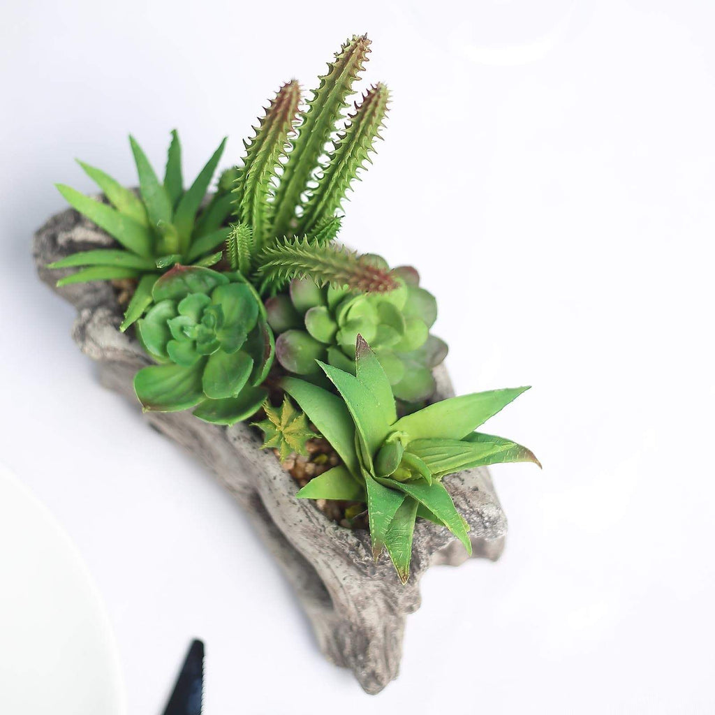 6 in tall Brown Driftwood Planter Pot with Green Artificial Assorted Succulent Plants