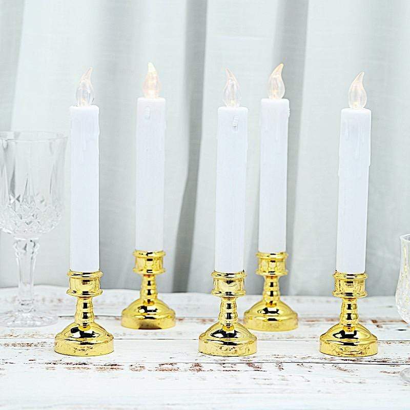 6 White 10 in tall LED Taper Candles Lights with Gold Candle Holders
