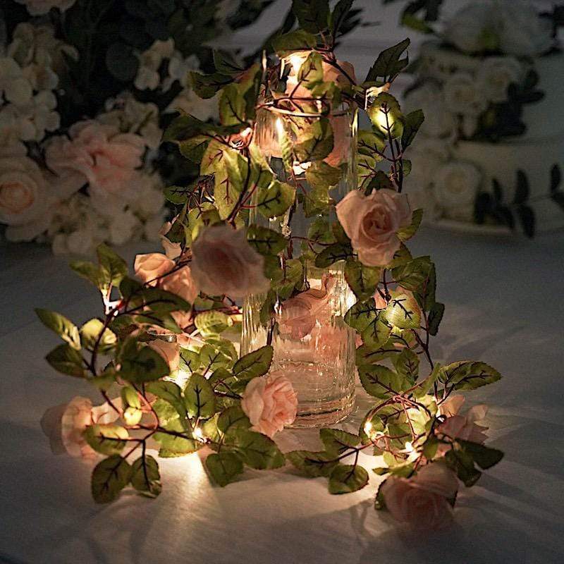 7 feet Blush Roses Greenery Fairy Lights Battery Operated LED Garland