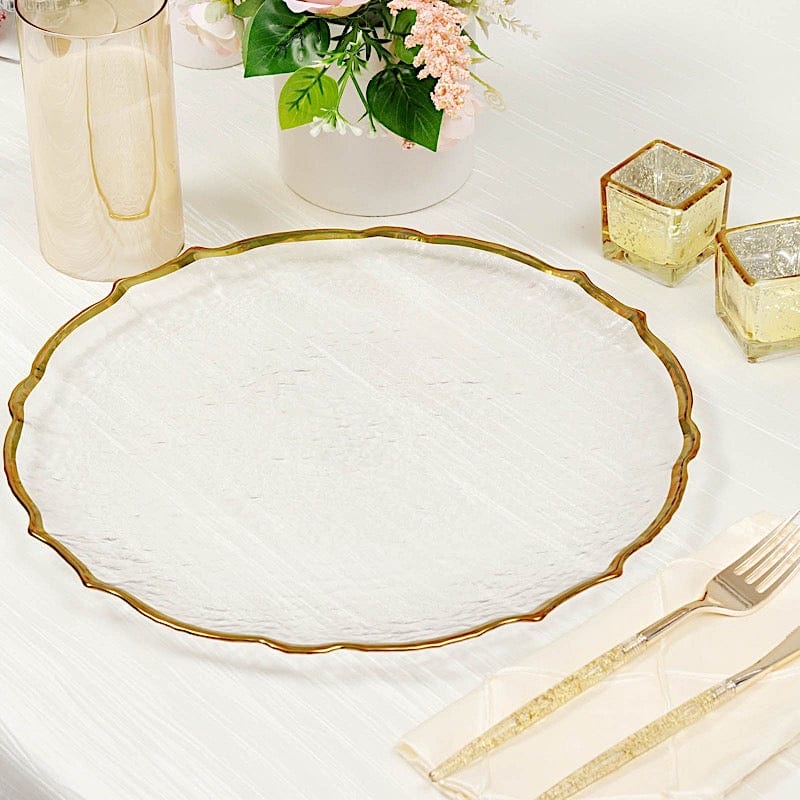 8 Clear 13 in Round Glass Charger Plates with Gold Scalloped Trim