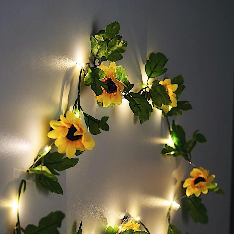 8 feet Yellow Sunflowers Greenery Fairy Lights Battery Operated LED Garland