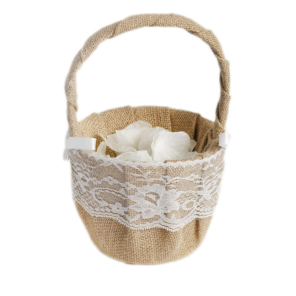 8 in Satin Ribbon Lace Accent on Natural Burlap Flower Girl Basket