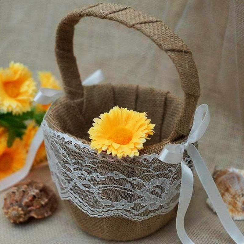 Satin Ribbon Lace Accent on Natural Burlap Flower Girl Basket