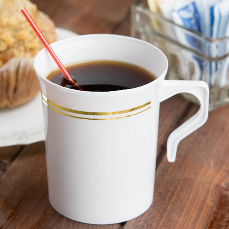 8 pcs 8 oz. Gold Rim on White Glossy Disposable Plastic Party Cups