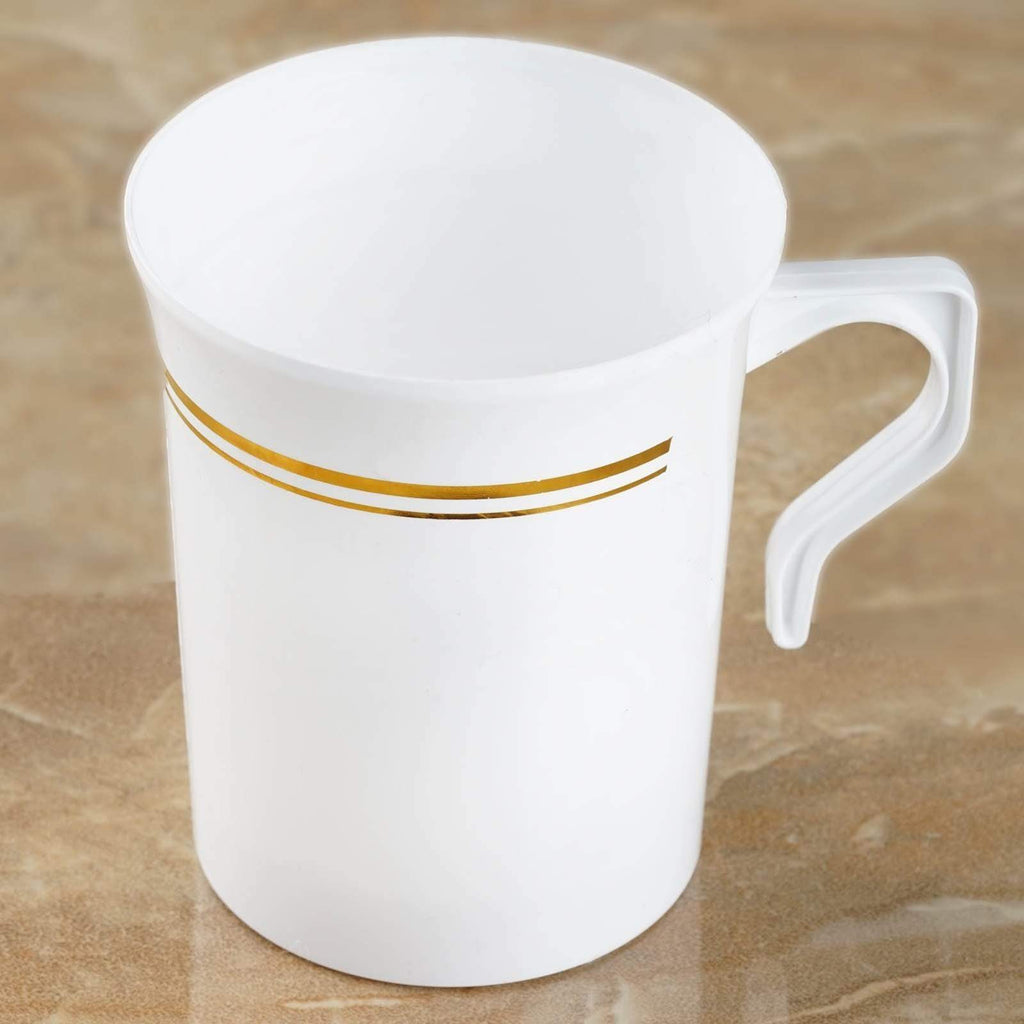 8 pcs 8 oz. Gold Rim on White Glossy Disposable Plastic Party Cups