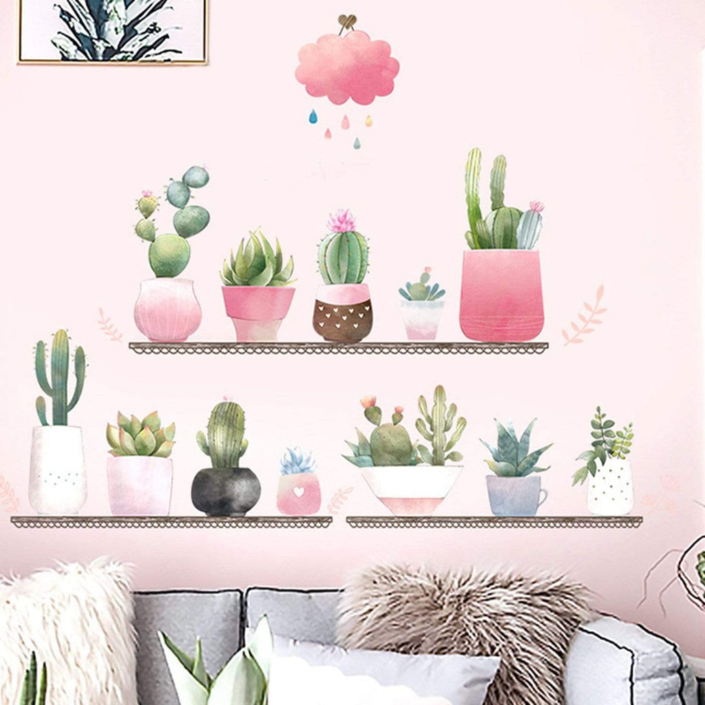 succulent plant wall shelf Green Potted Succulent Plants on Shelves Removable PVC Wall Stickers