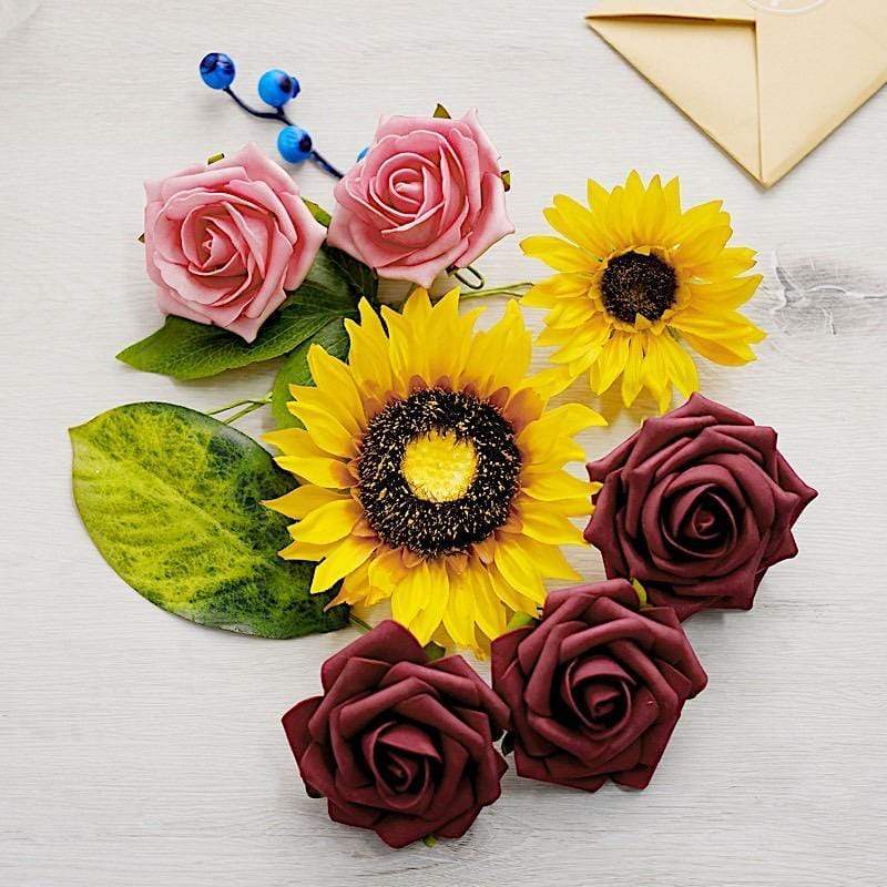 Yellow Silk Sunflowers and Burgundy Pink Foam Roses Faux Flowers Box