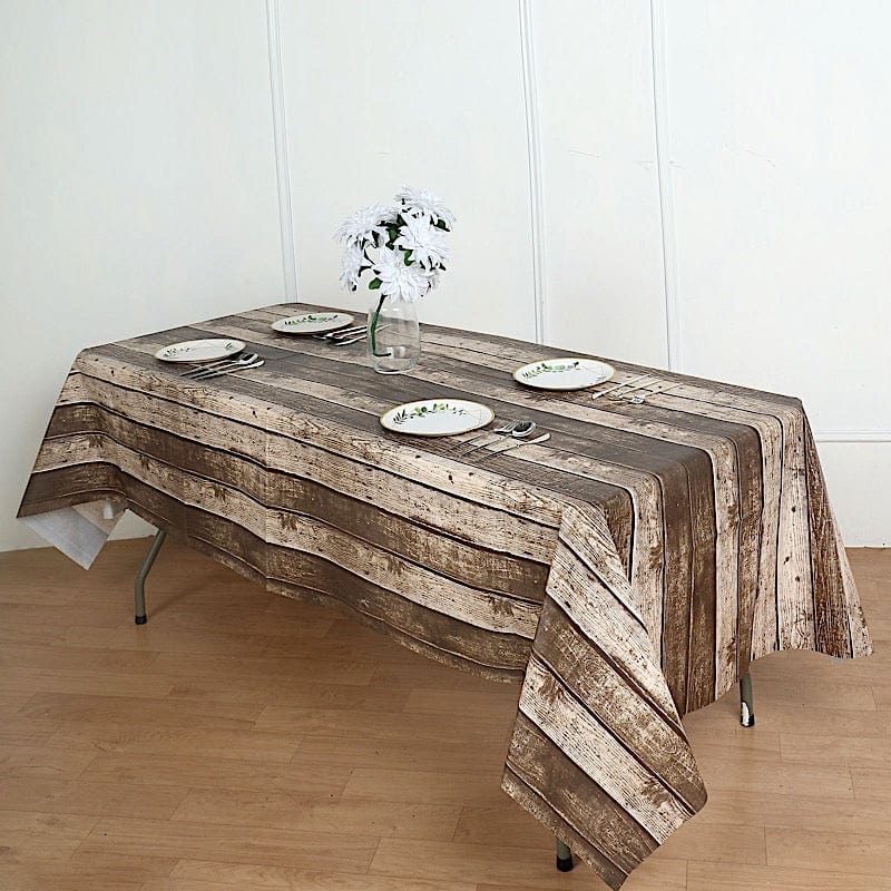 52x108 in Rectangular Disposable Plastic Tablecloth with Wooden Design