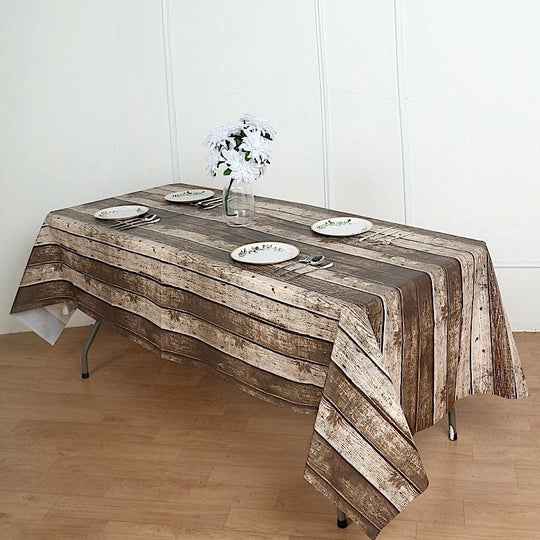 52x108 in Rectangular Disposable Plastic Tablecloth with Wooden Design