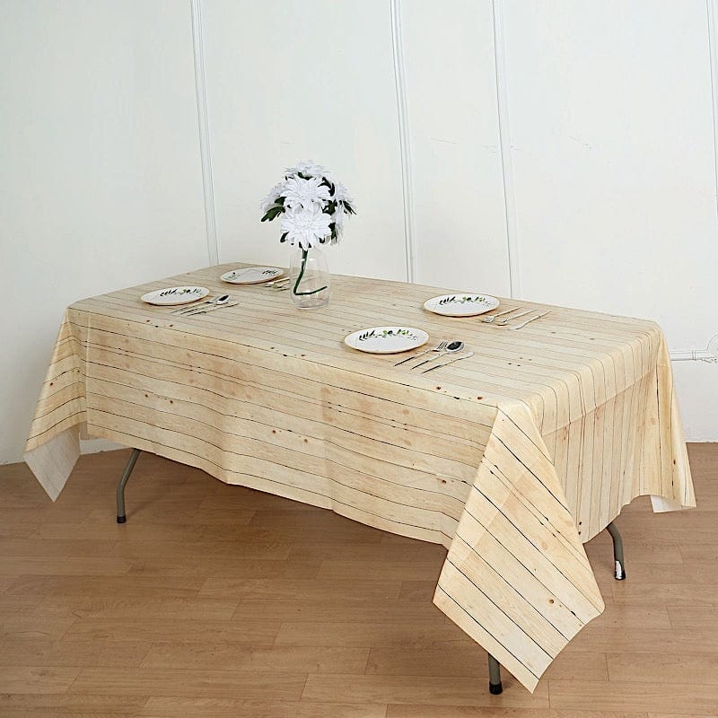 52x108 in Rectangular Disposable Plastic Tablecloth with Wooden Design