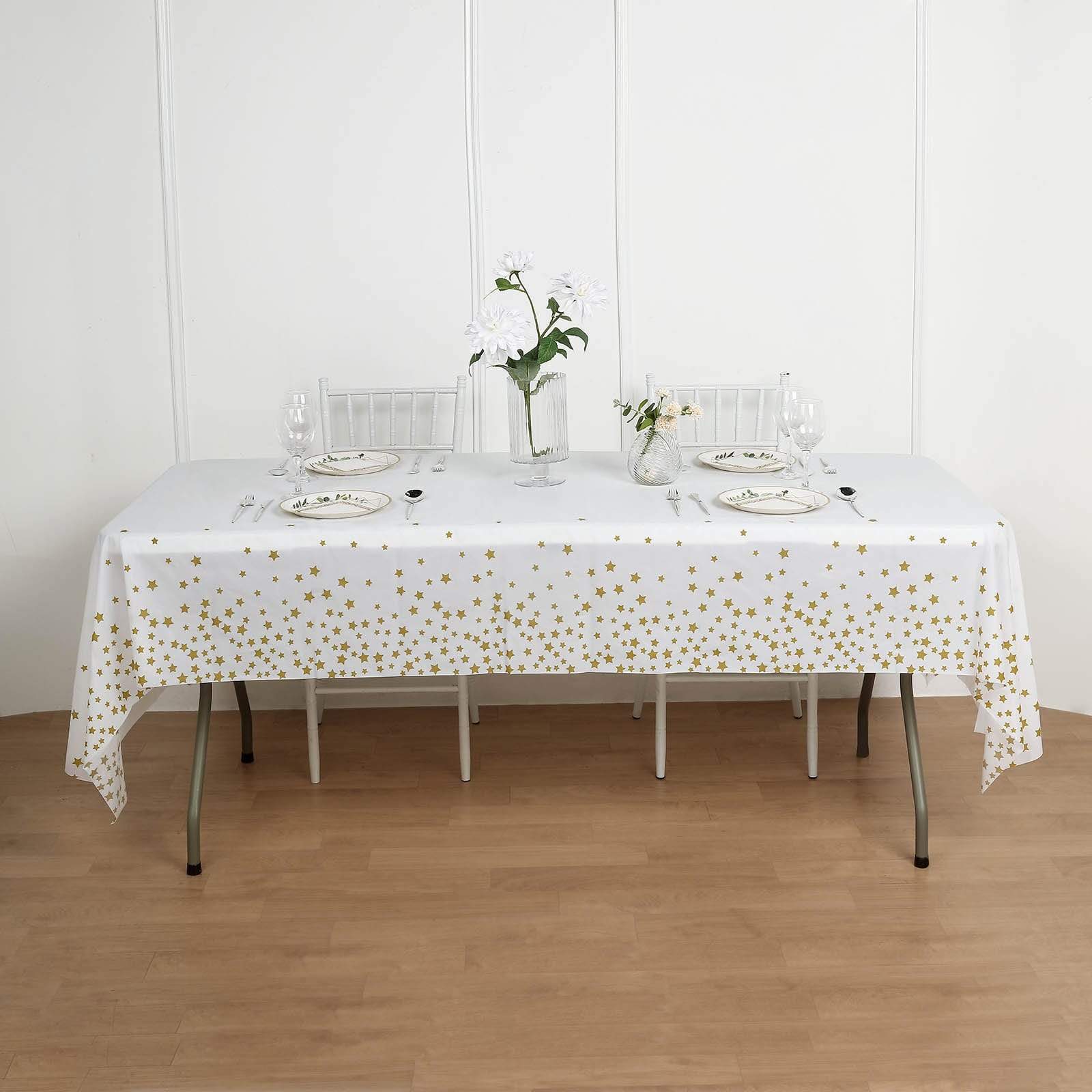 54x108 in Rectangular Disposable Plastic Tablecloth with Star Sprinkled Design