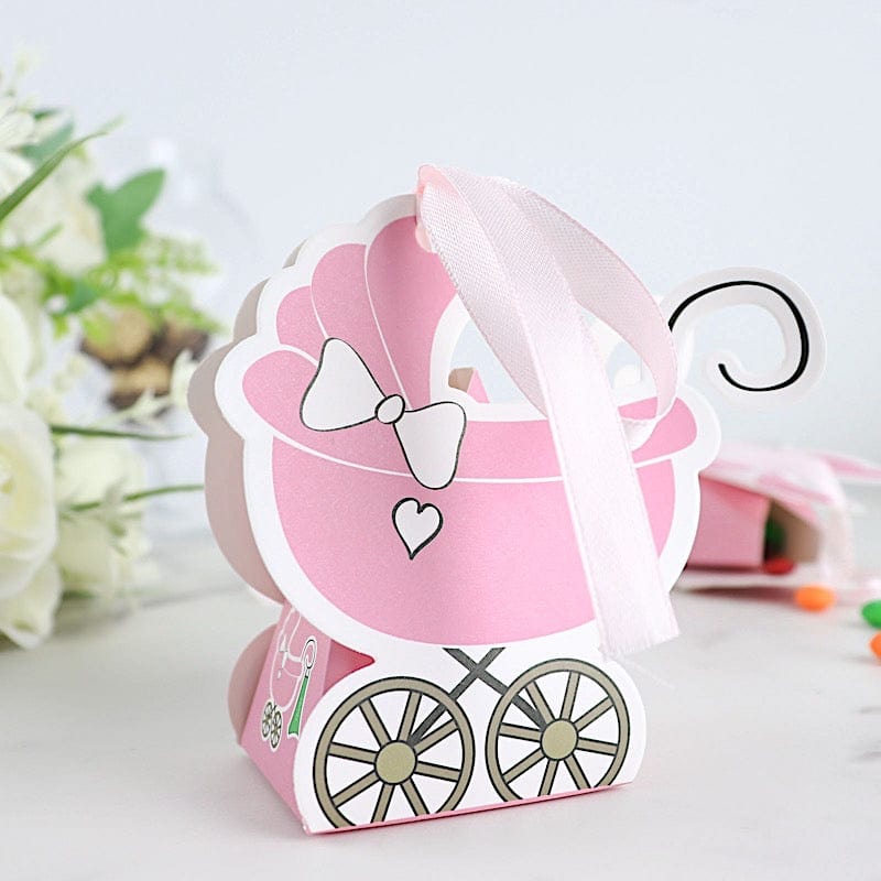 25 Paper Stroller Favor Boxes with Ribbon Baby Shower Candy Gift Holders