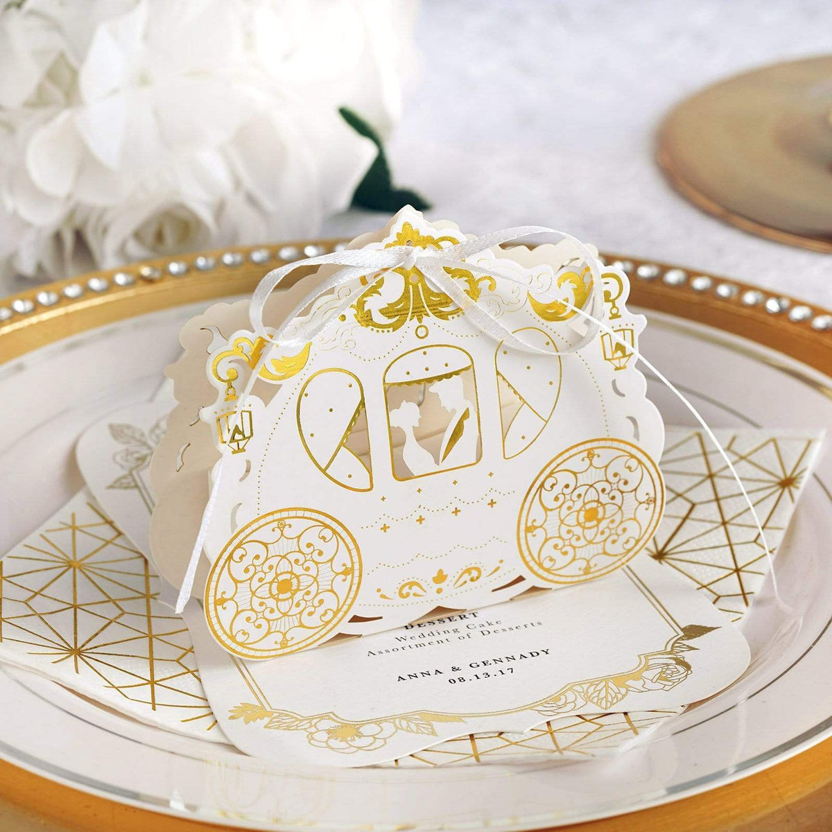25 White and Gold Cinderella Carriage Wedding Favor Boxes with Ribbons
