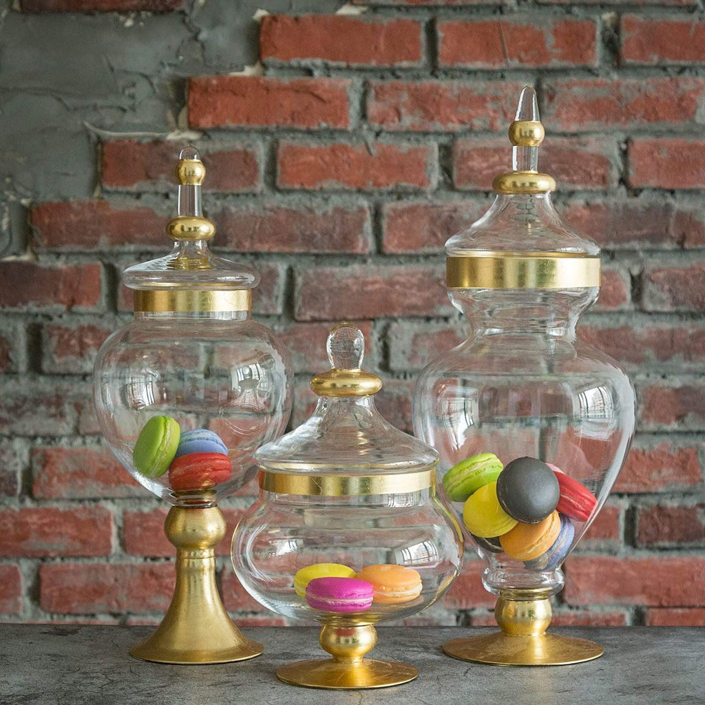 Set of 3 11 16 18 tall Gold Trim Glass Apothecary Jars with Lids Holders  SALE