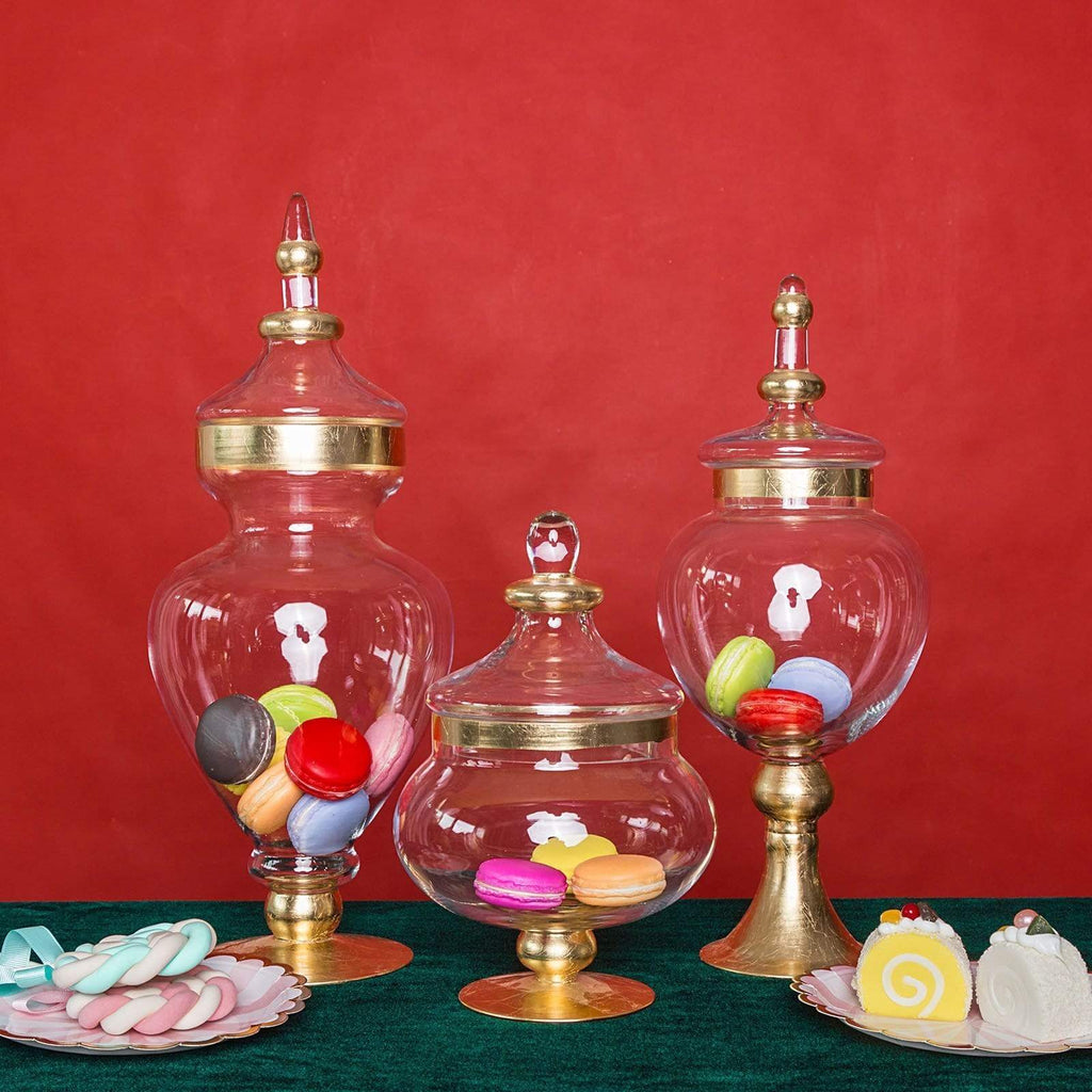 3 Pcs Clear with Gold Trim Glass Apothecary Jars with Lids