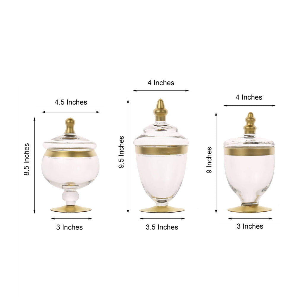 3 pcs 11 16 18 tall Gold Trimmed Clear Glass Apothecary Jars Lids