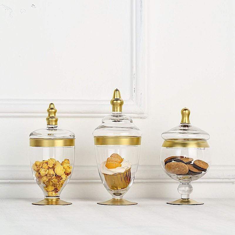 3 pcs Clear with Gold Trim Glass Apothecary Jars with Lids
