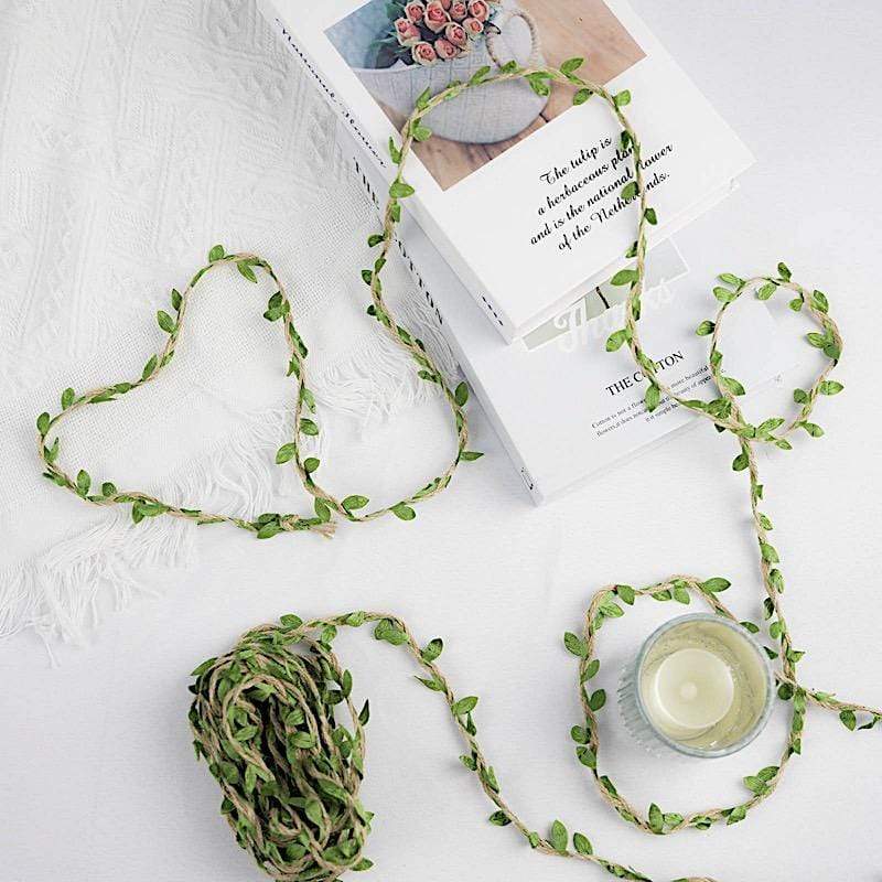 32 feet Natural Jute String Ribbon with Green Artificial Craft Leaves