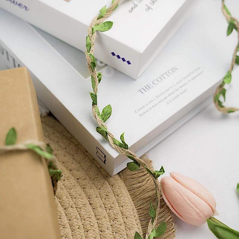 32 feet Natural Jute String Ribbon with Green Artificial Craft Leaves