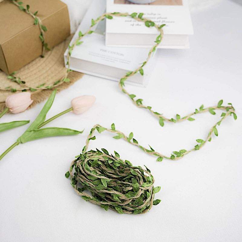 32 feet Natural Jute String Ribbon with Green Artificial Craft Leaves