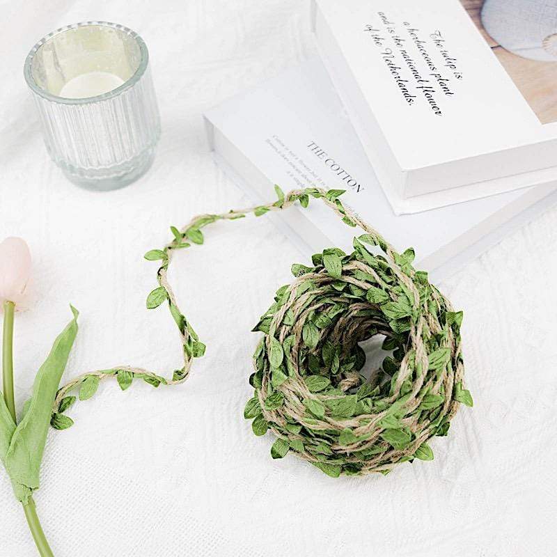 32 feet Natural Jute String Ribbon with Green Artificial Craft Leaves