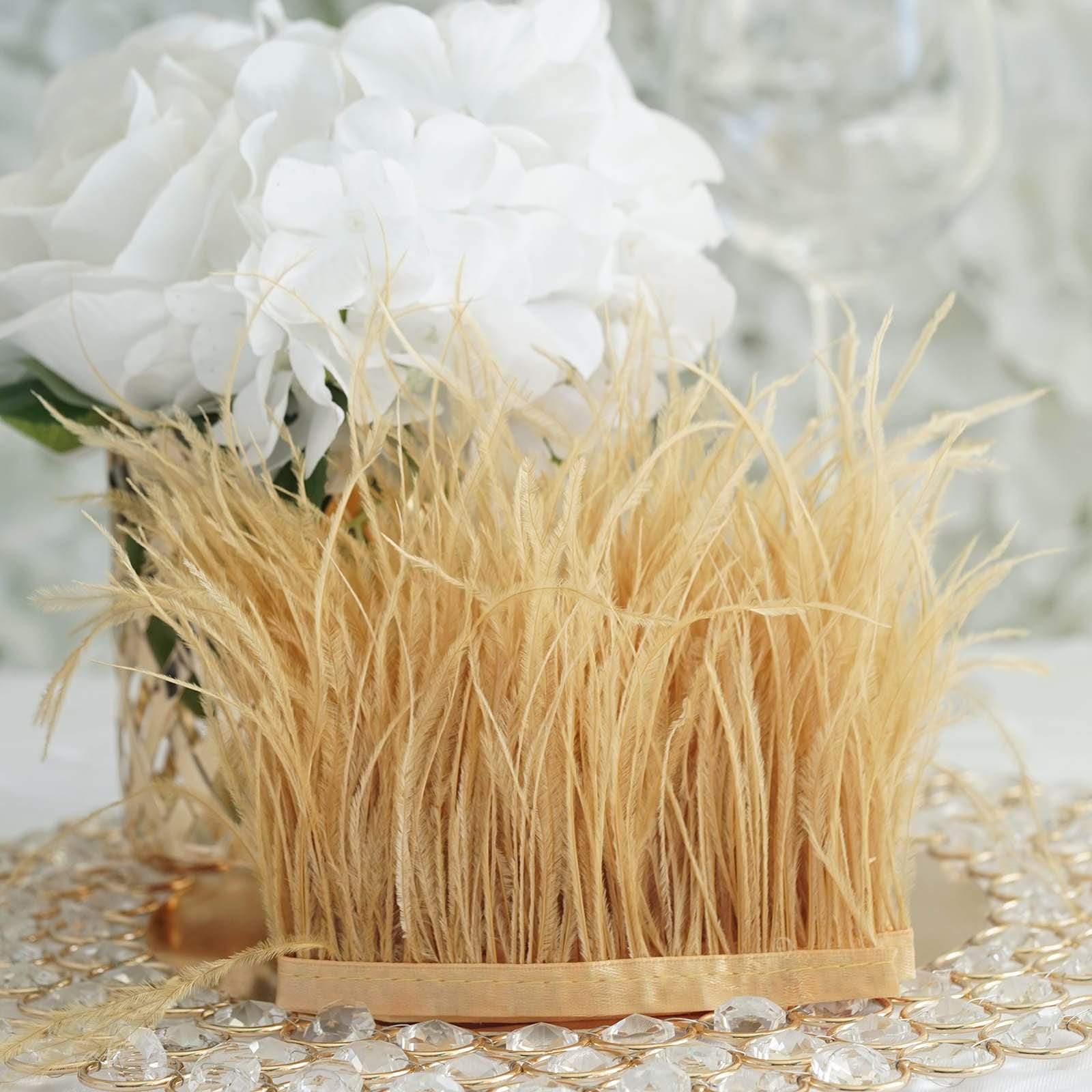 39 in long Natural Ostrich Feathers Trim with Satin Ribbon