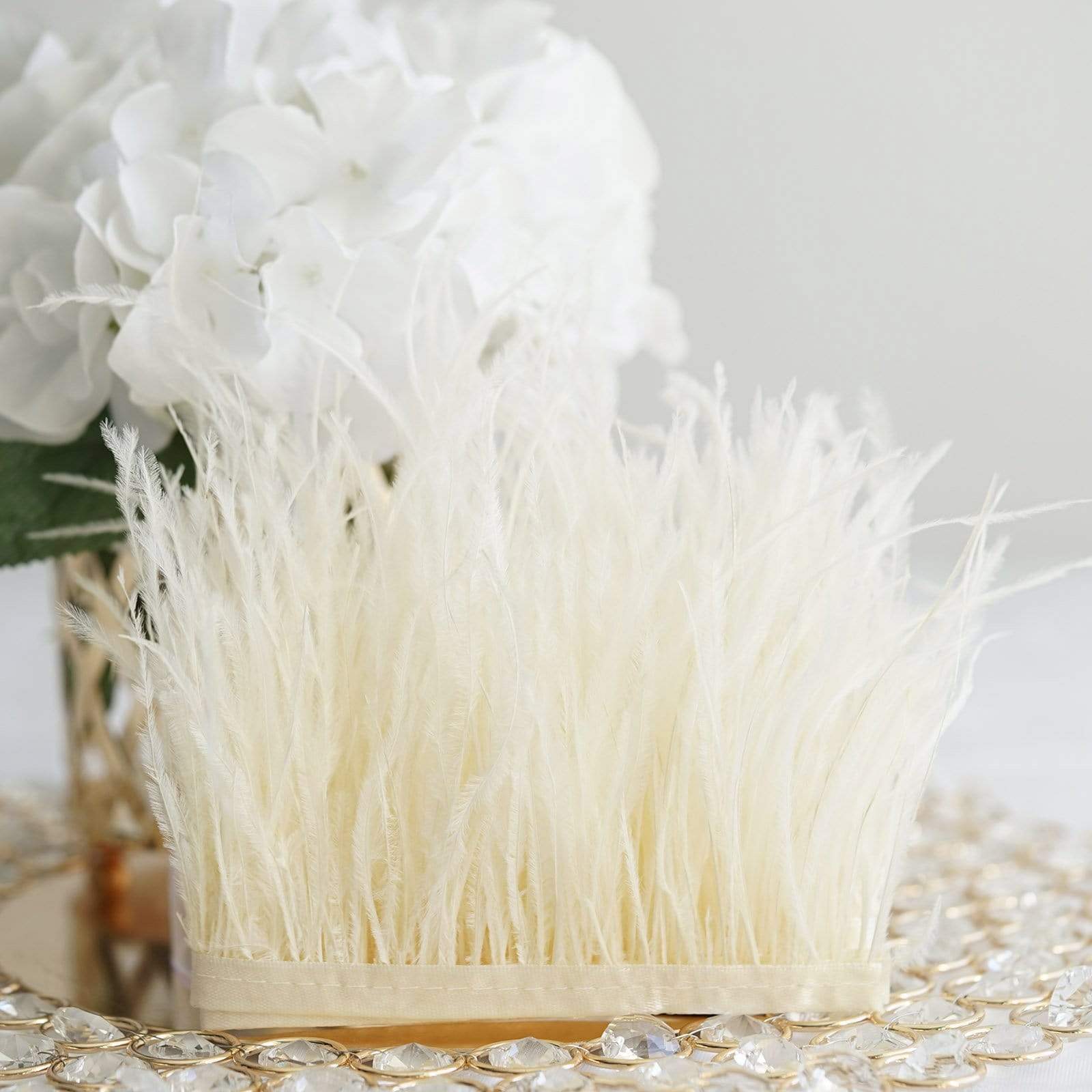 39 in long Natural Ostrich Feathers Trim with Satin Ribbon