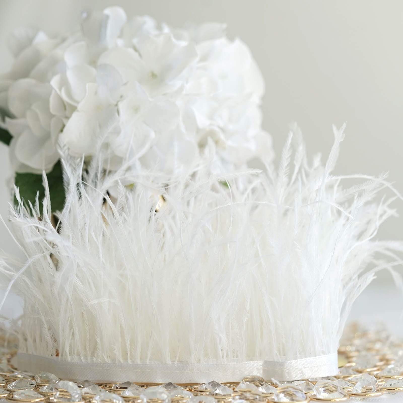 39 in long Natural Ostrich Feathers Trim with Satin Ribbon